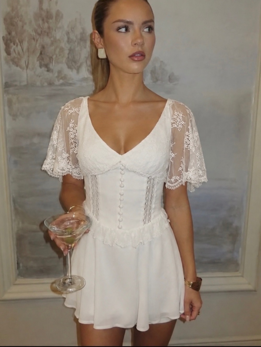 BHLDN White Lace Flutter Sleeve Fit & Flare Mini Dress Bridal Small NWT
